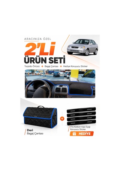 E-biz Hyundai Accent Admire-milenium 2000-2006 Uyumlu Torpido + Deri Çanta - Siyah-mavi - Hu009