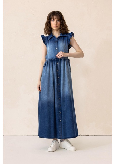 Olcay Fır Fır Detaylı Kolsuz Denim Elbise Mavi 9296-e