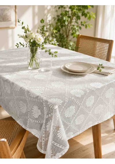 English Home Tığ İşi Dantel Masa Örtüsü 145x145 Cm Deniz Kabuğu Desenli Beyaz