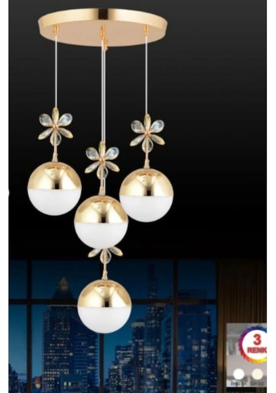 4'lü Şeker Toplu Rose Gold Kristal Taşlı 3 Renk Ledli Sarkıt Avize Altın