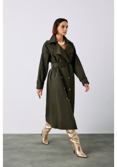 Sateen Toka Detaylı Trenç - Haki-138131