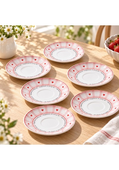 Tr 6'li Porselen Çay Tabağı Seti, Pembe Ekose Kalp Desenli Diğer