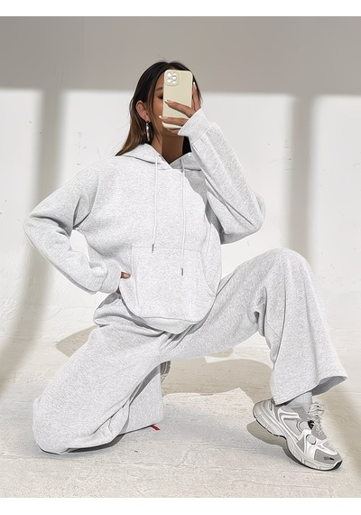 Macklin Unisex Kadın Erkek Baskısız Oversize 3 İplik Kapüşonlu Hoodie Ve Baggy Eşofman Altı Gri Melanj