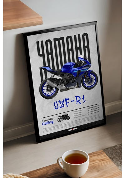 Yamaha Yzf R1 Siyah Ahşap Çerçeveli Poster, Dekoratif Motosiklet Duvar Tablosu