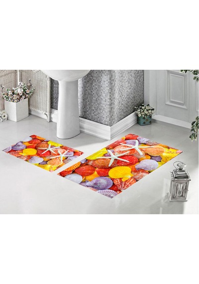 Deniz Yıldızı Desenli Kaymaz Yıkanabilir İkili Modern Banyo Paspası Banyo Halısı Banyo Dekoru Beyaz - Turuncu