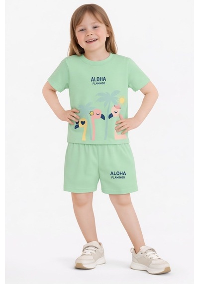 Name Baby & Kids Kız Çocuk Şortlu Yazlık Pijama Takımı Flamingo Temalı Nbk-6156 Mint