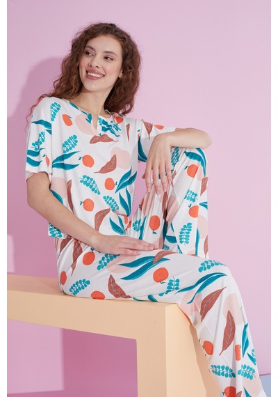 Siyah İnci Likralı Örme Pijama Takım 7803 Beyaz Portakal
