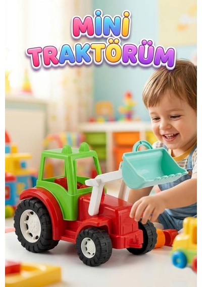 Mini Traktörüm Fileli 25cm Tekerlekli Ayarlanabilir Hareketli Kepçeli Oyuncak Traktör Çok Renkli