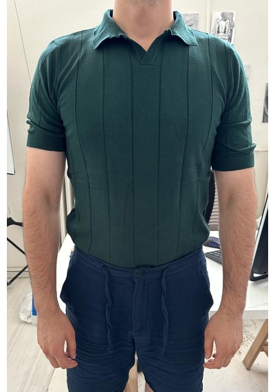 Erkek Çizgili Kısa Kollu Triko T-shirt Haki