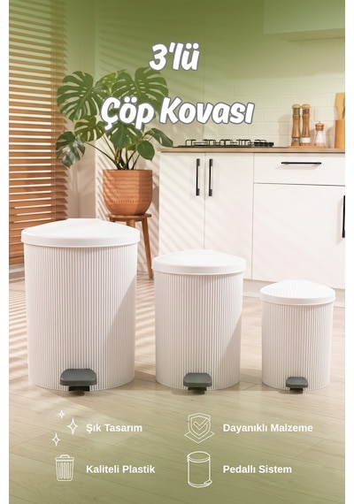 Porsima 0709-1 Stil 3lü Yuvarlak Pedallı İçi Kovalı Çöp Kovası Seti - Banyo Mutfak Çöp Kovası Takımı Beyaz