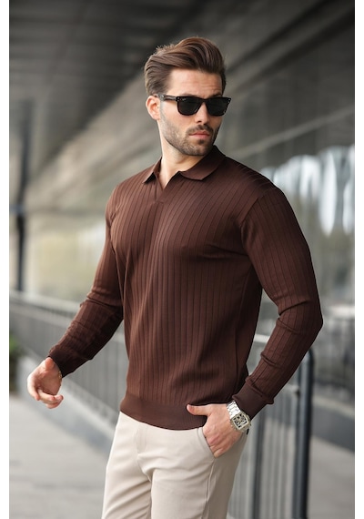 Madmext Kahverengi Polo Yaka Çizgili Uzun Kollu Kazak 7239 Kahverengi
