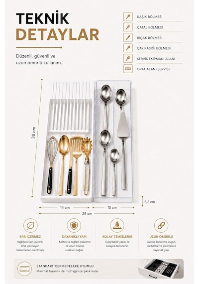 Çekmece İçi Bıçaklık Organizer Bölmeli Mutfak Düzenleyici Beyaz S-11029 Çok Renkli