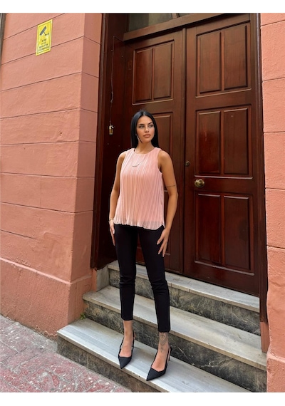 WeShaya Pudra Astarlı Pileli Kolsuz Bluz Pudra