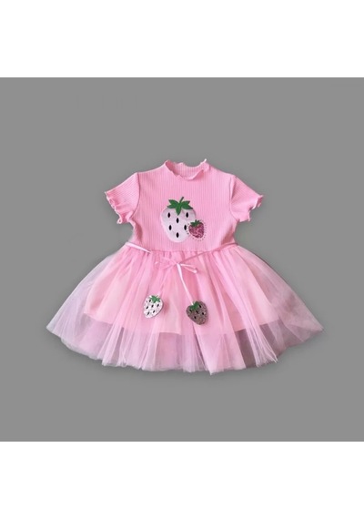 Alfa Expres 1-2-3 Yaş Payetli Çilek Baskılı Çilek Kuşaklı Kız Bebek Elbisesi Pembe Pembe