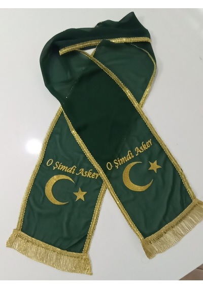 Yeşil Şifon Nakış İşlemeli Kına - Damat - Asker Omuz Şalı Atkısı Örtüsü Gold Ayyıldız Nakış İşleme