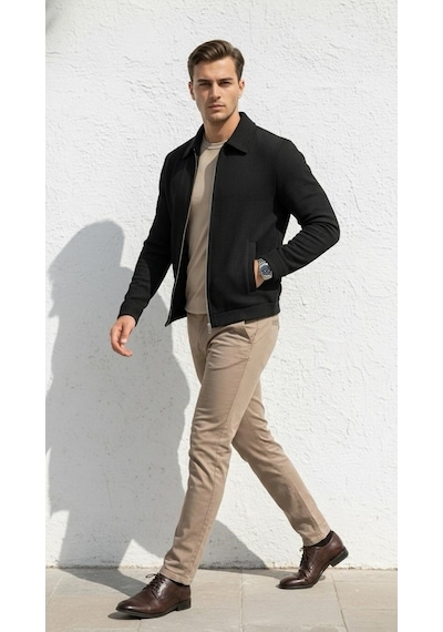 Plus Scorpion Slim Fit Fitilli Dokulu Erkek Fermuarlı Mont Ceket Günlük Şık Kombin Siyah