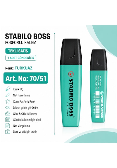 Boss Fosforlu Kalem 1 Adet Metin İşaretleme Kalemi Turkuaz