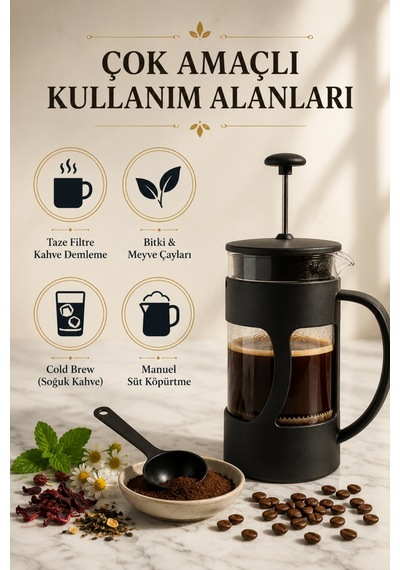Borosilikat Cam French Press 350 ml – Mat Siyah Gövde