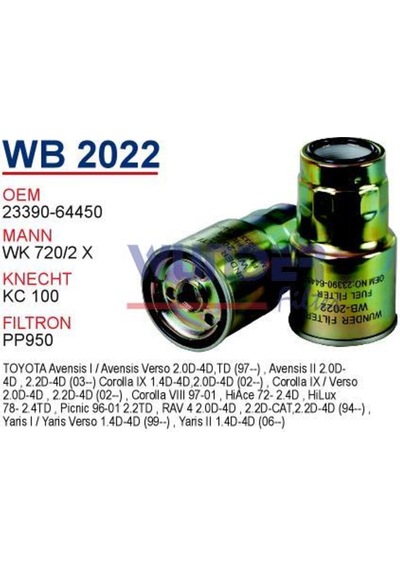 Wunder Wb2022 Mazot Filtresi - Toyota Corolla Uyumlu D4D 540136209