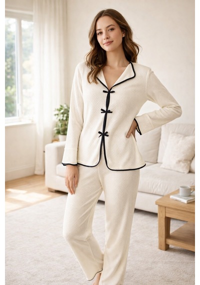 Elmoda Kadın Ekru Pamuk Dokuma Biye Ve Fiyonk Detaylı Pijama Takımı Ekru Ekru