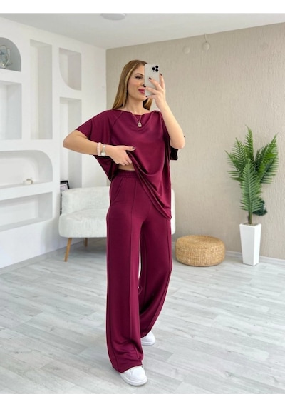 Modi Kadın Kısa Kollu Kayık Yakalı Dikiş Izi Detaylı Viskon Iki Iplik Bluz Ve Pantolon Ikili Takım bordo