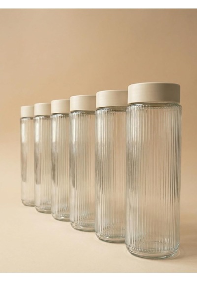 Cam Saklama Kabı Seti, Krem Plastik Kapaklı, 1350 Ml, 9cm X 20cm, 6'li Set