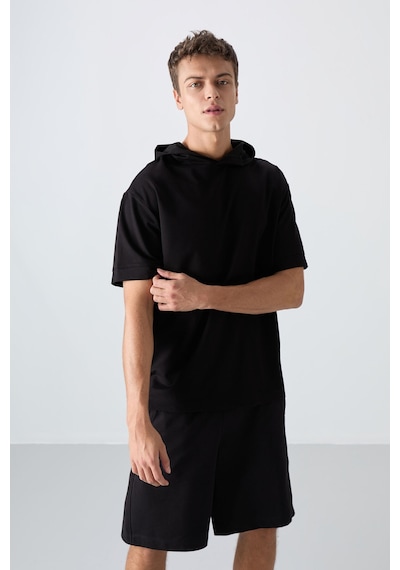 Tommy Life Siyah Pamuklu Kalın Yumuşak Dokulu Oversize Fit Basic Erkek T-shirt - 88352 Siyah