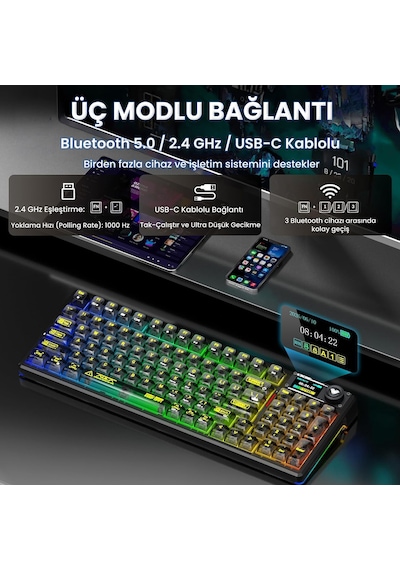 Aula F98 Pro V3 Oled Ekranlı Crystal Switch Makrolu Kablosuz Rgb Hot-swap Gasket Pre-lubed Switch Mekanik Klavye Şeffaf Siyah