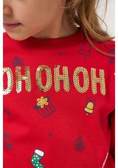 Magu Kız Çocuk Pamuklu Kırmızı Sweatshirt Ve Yeşil Tül Etek Takım - Yılbaşı Konseptli Kırmızı