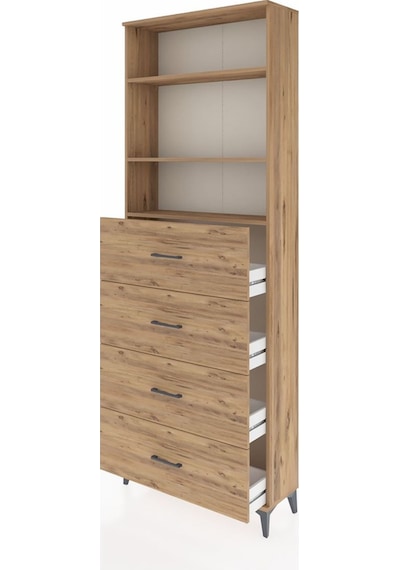 Arges Dolap 3 Raflı 4 Çekmeceli 88x30x243 Çam-çam Çam