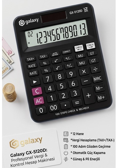Hesap Makinesi Siyah 12x14.5 Cm 1 Adet Galaxy Gx-5120d 12 Haneli Orta Boy Ofis Büro Masaüstü Hesap Makinası