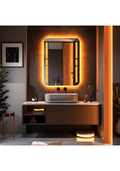 Drayno Amber Led'li Lazer Kumlamalı Lavabo & Banyo Aynası Dokunmatik Sensörlü 70 X 45 Turuncu