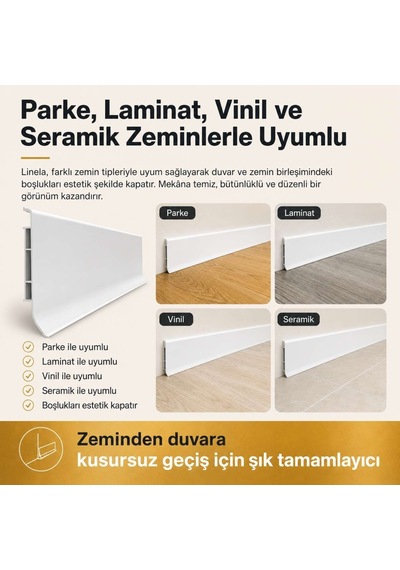 Linela Suya Dayanıklı Pvc Süpürgelik 8 Cm - Beyaz - Lnl401