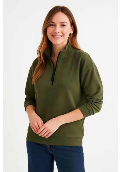 Kadın 3 İplik Dık Yaka Yarım Fermuarlı Sweatshirt - Haki