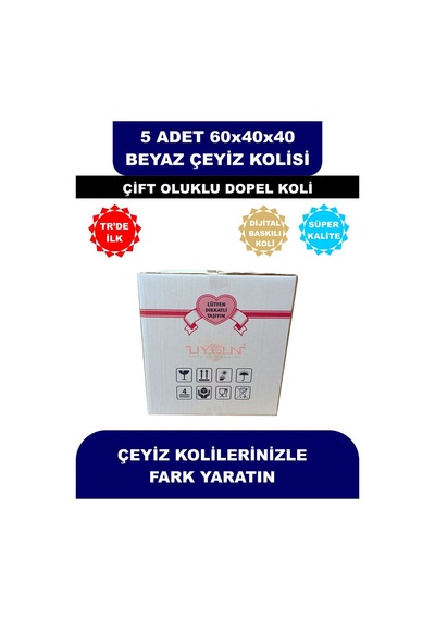 5 Adet 60x40x40 Kurdale Baskılı Beyaz Çeyiz Kolisi, İsim Yazma Alanı Renkli Baskı, Çift Oluklu