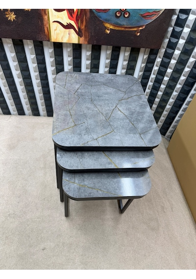 3 Lü Zigon Sehpa Seti Metal Ayaklı Ahşap Desen Tabla Modern Tasarım Gri