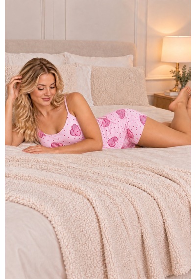 Lima Pembe Kadın Pembe Kalp Desenli İnce Askılı Şortlu Pijama Takımı