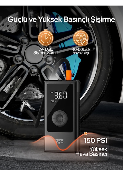 7go 7a3 Hava Pompası & Powerbank 150 Psı Ultra Basınç, Led Işıklı, Lcd Ekranlı, 4000mah Taşınabili