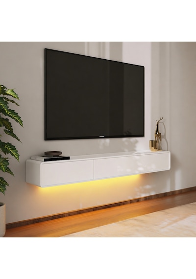 İnarch Dizayn Alba Led Işıklı Duvara Monte Tv Sehpası - 3 Kapaklı Tasarım Beyaz