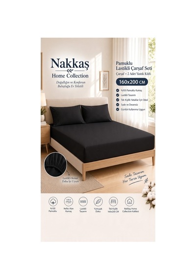 160x200 Lastikli Çarşaf Seti Pamuklu Çift Kişilik Çarşaf + 2 Adet Yastık Kılıfı-siyah