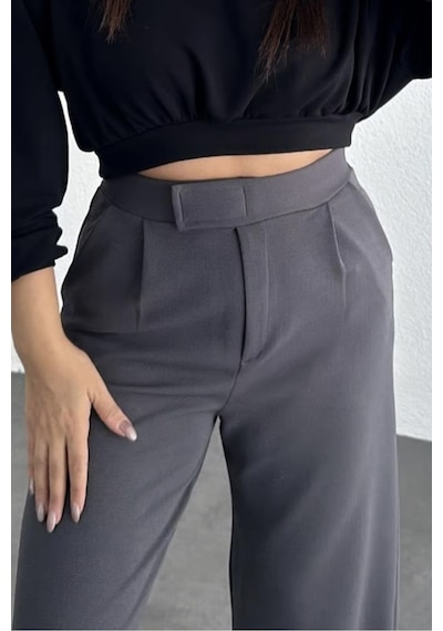 Bb Butik Basic Cırtlı Palazzo Pantolon Antrasit