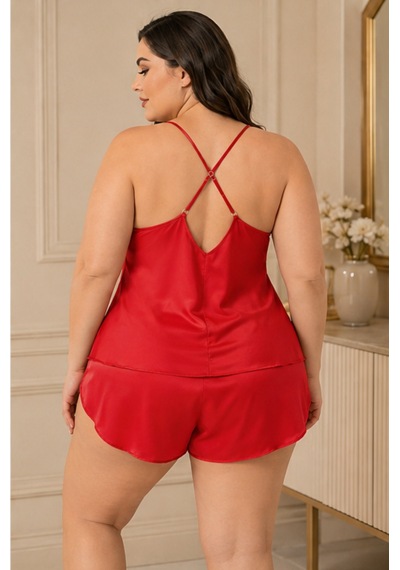Loule Büyük Beden Kırmızı Çapraz Askılı Dantelli Şortlu Pijama