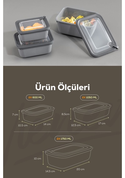 Vienev 6'lı Vip Dikdörtgen Mikrodalga Ve Difrize Uygun Saklama Kabı Seti Gri 2x 1750,1050,600 Ml Gri