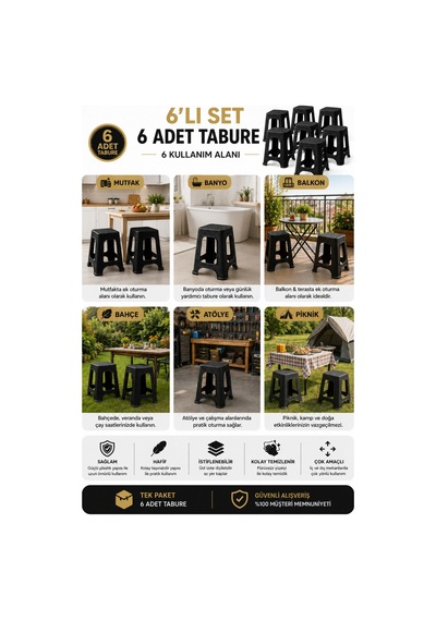 Nova 6 Lı Rattan Desenli Büyük Boy Tabure Seti Siyah 45 Cm Sağlam İstiflenebilir Çok Amaçlı Plastik Tabure Siyah