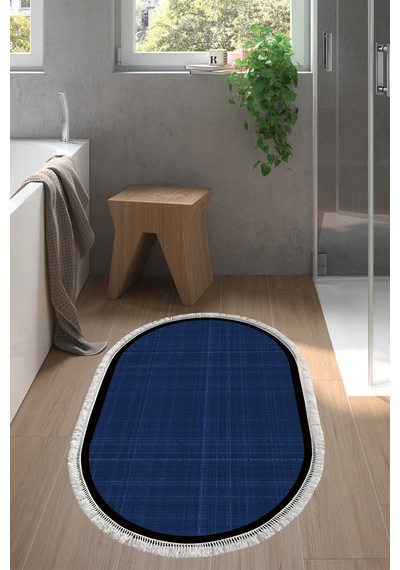 Kaymaz Taban Djt Banyo Mutfak Salon Halı Trend Saçaklı Oval Dokuma Desen E5007 Koyu Lacivert