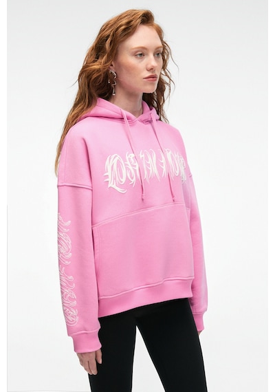 Grimelange ALIRAYNE Kadın Baskılı Oversize Kapüşonlu Kanguru Cep Pembe Sweatshirt