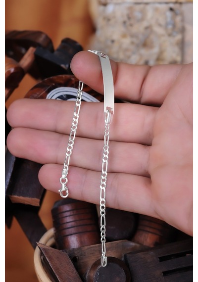 Encili Silver 925 Ayar Gümüş Figaro Zincirli Plaka Bileklik