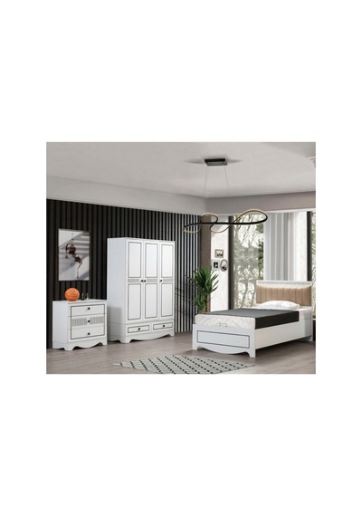 Papatya Genç Odası - 3 Kapılı Dolap, Bazalı Karyola, Şifonyer - 120x200, Beyaz