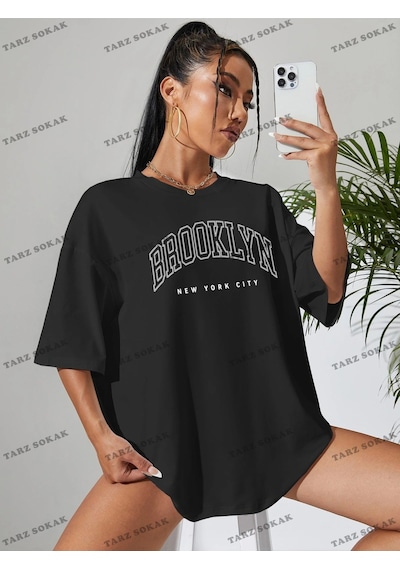 Adrift Brooklyn Baskılı Oversize Kalıp Unisex T-shirt Siyah