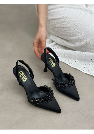 Ervanın Butiği Siyah Saten Cecily İnci Detay Kadın Stiletto-6235